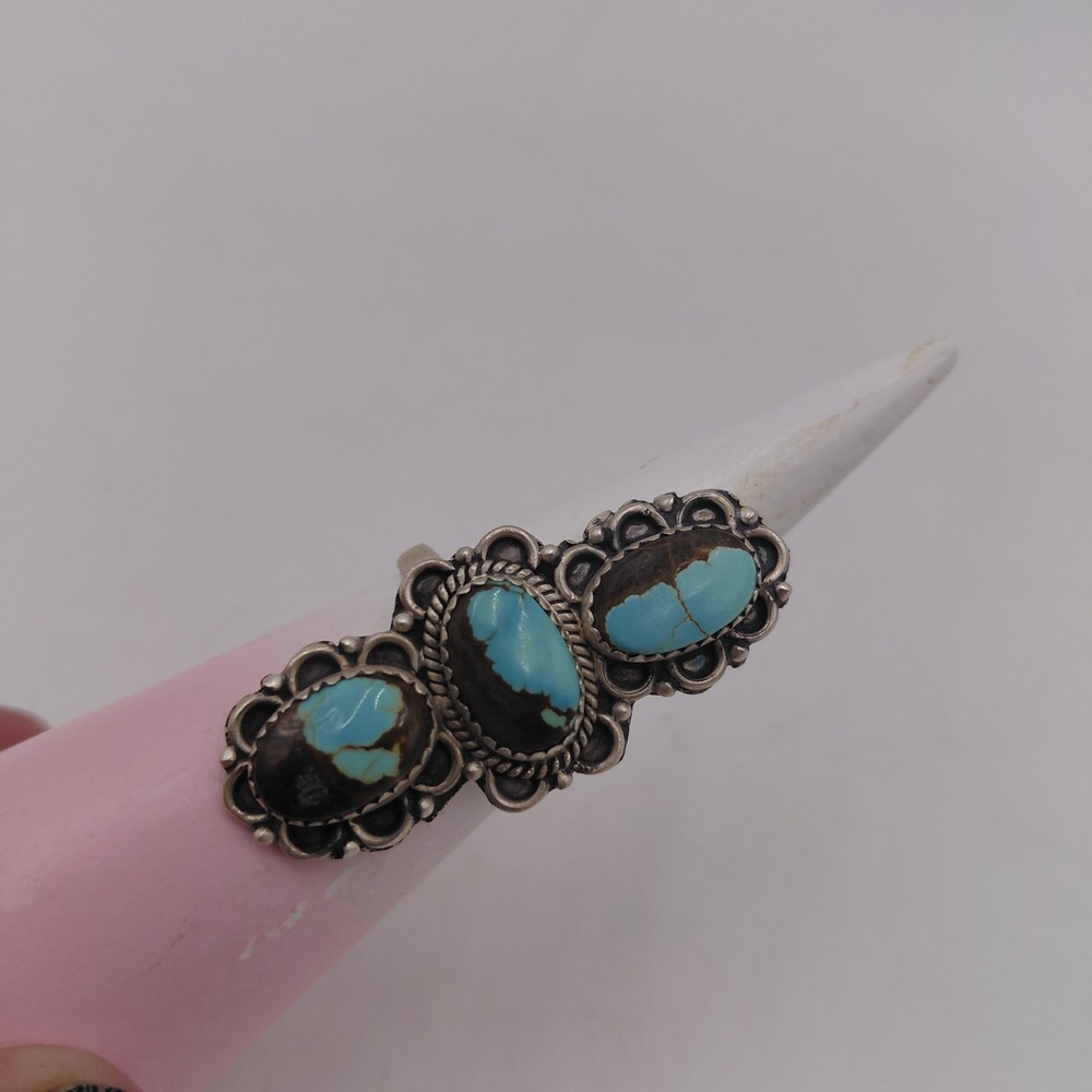 Vintage Sterling Silver Three Stone Turquoise Adjustable Statement Ring
